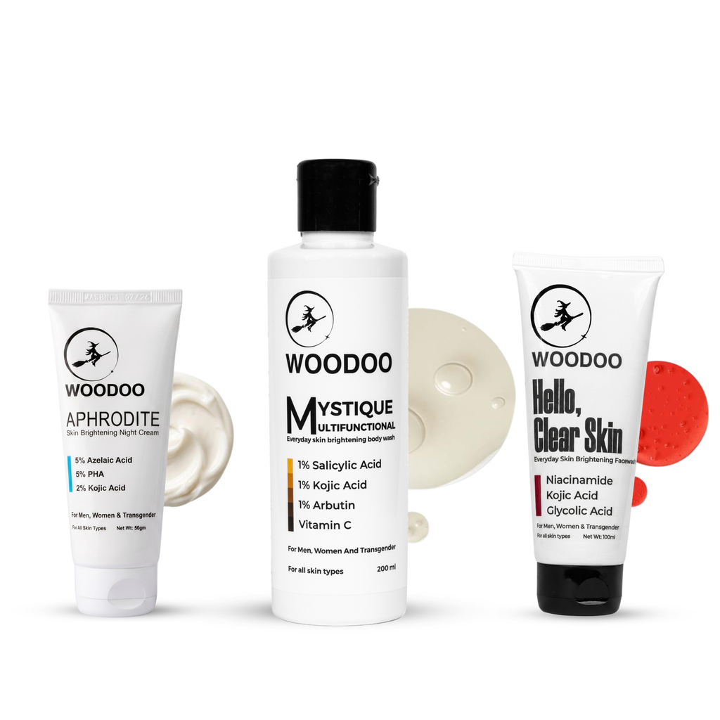 WOODOO Triple Glow Combo: Aphrodite Night Cream, Mystique Body Wash and Hello, Clear Skin Facewash