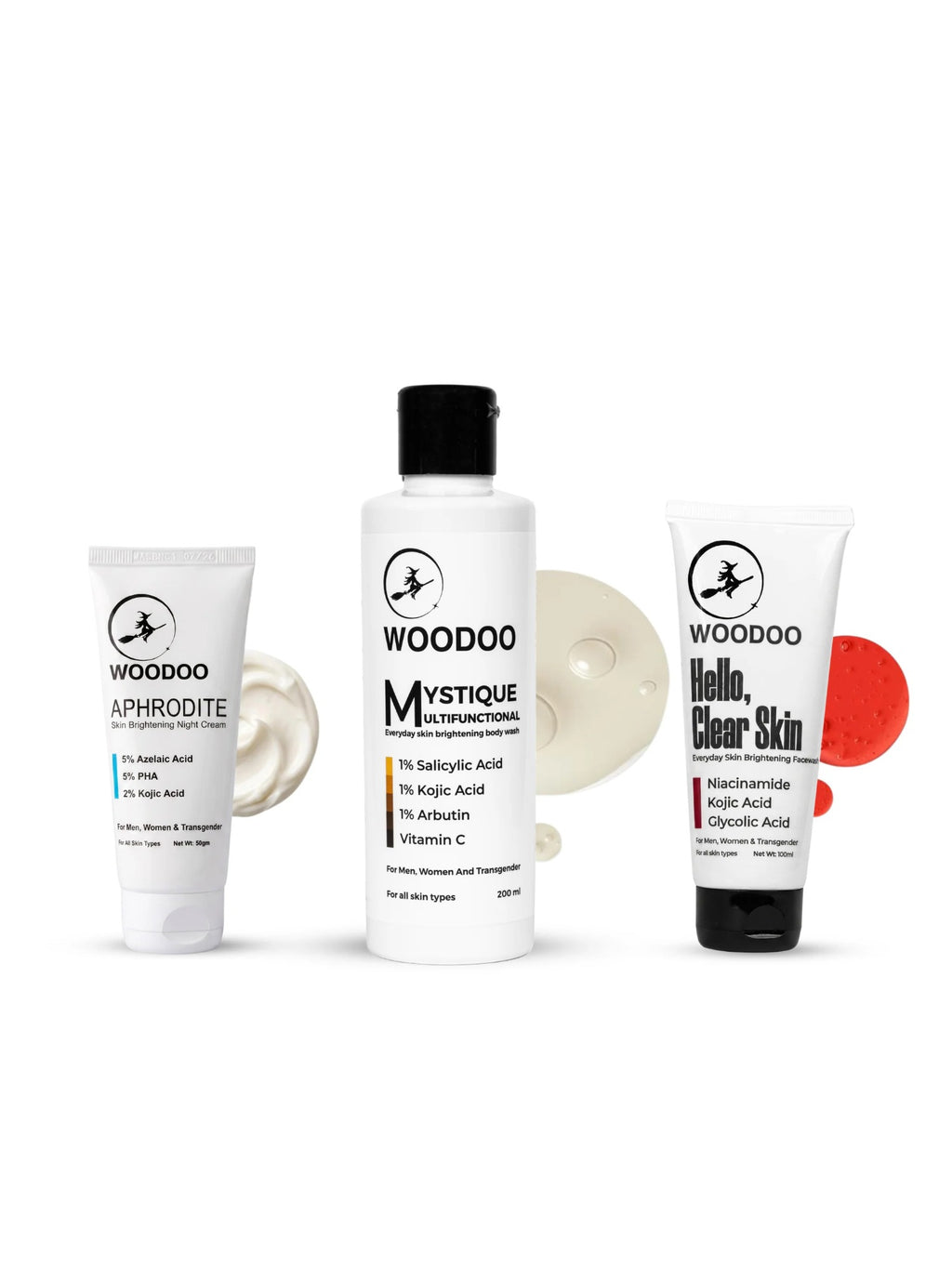 WOODOO Triple Glow Combo: Aphrodite Night Cream, Mystique Body Wash and Hello, Clear Skin Facewash